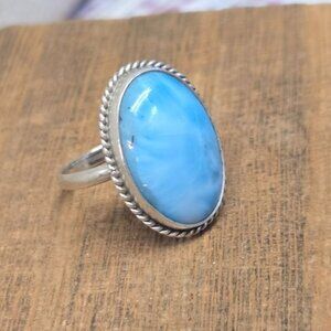 Vintage Sterling Silver Larimar Ring – Handmade Caribbean Gemstone Statement Jew